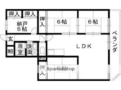近鉄大阪線 高安駅 徒歩16分 6階建 築33年(4LDK/2階)の間取り写真