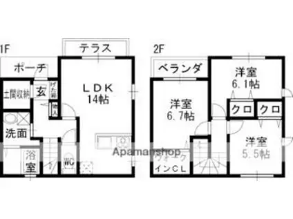 近鉄南大阪線 藤井寺駅 徒歩13分 2階建 築17年(3LDK/1階)の間取り写真