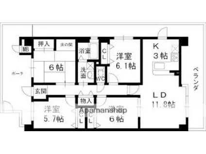 白鷹夙川マンション(4LDK/3階)の間取り写真