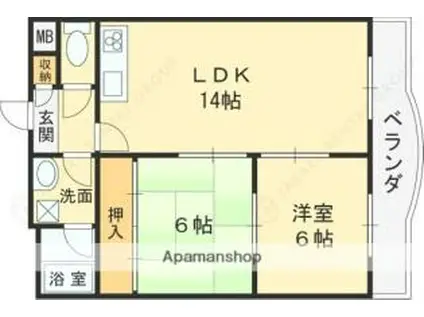 近鉄けいはんな線 荒本駅 徒歩18分 4階建 築31年(2LDK/1階)の間取り写真