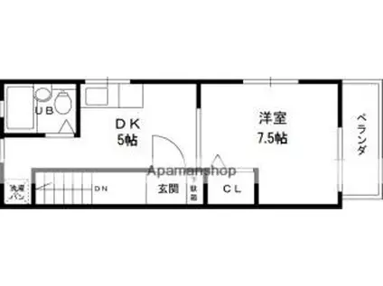 近鉄奈良線 八戸ノ里駅 徒歩9分 2階建 築28年(1DK/2階)の間取り写真