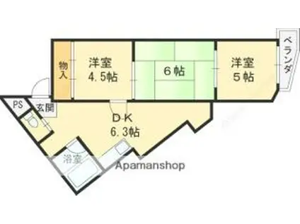 近鉄奈良線 石切駅 徒歩19分 3階建 築46年(3K/3階)の間取り写真