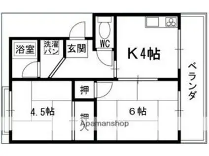 近鉄けいはんな線 荒本駅 徒歩4分 4階建 築37年(2K/3階)の間取り写真