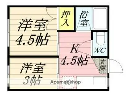 岡山電気軌道東山本線 柳川駅 徒歩3分 3階建 築53年(2K/2階)の間取り写真