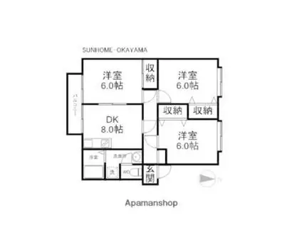 JR津山線 法界院駅 徒歩12分 3階建 築28年(3DK/3階)の間取り写真