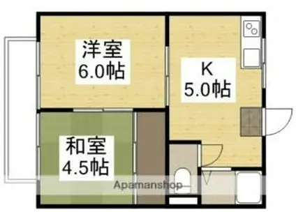 JR山陽本線 中庄駅 徒歩29分 2階建 築46年(2K/1階)の間取り写真