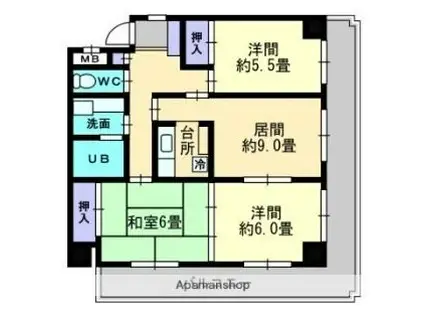 伊予鉄道市駅線 勝山町駅 徒歩2分 12階建 築36年(3DK/4階)の間取り写真