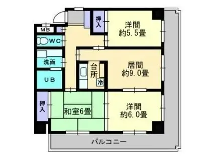 伊予鉄道市駅線 勝山町駅 徒歩3分 12階建 築36年(3DK/4階)の間取り写真