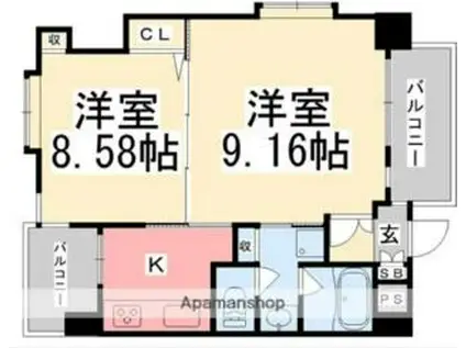 伊予鉄道市駅線 勝山町駅 徒歩4分 11階建 築22年(2K/9階)の間取り写真