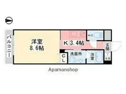 伊予鉄道郡中線 土橋駅(愛媛) 徒歩9分 9階建 築3年(1K/7階)の間取り写真