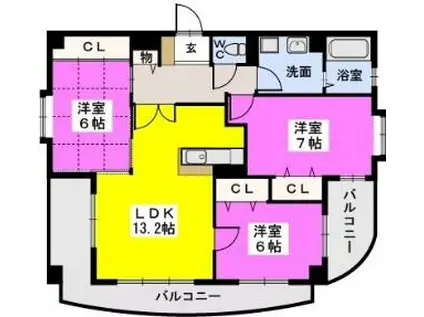 福岡市地下鉄空港線 西新駅 徒歩7分 5階建 築22年(3LDK/3階)の間取り写真