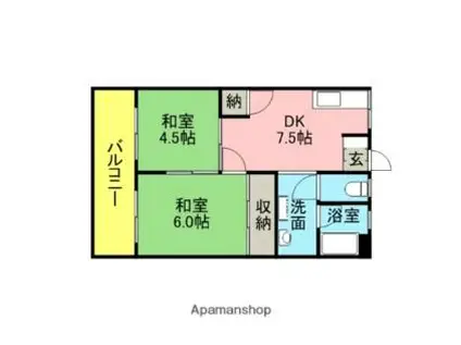 福岡市地下鉄七隈線 桜坂駅 徒歩28分 5階建 築49年(2DK/5階)の間取り写真