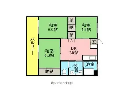 福岡市地下鉄七隈線 桜坂駅 徒歩30分 4階建 築47年(3DK/4階)の間取り写真