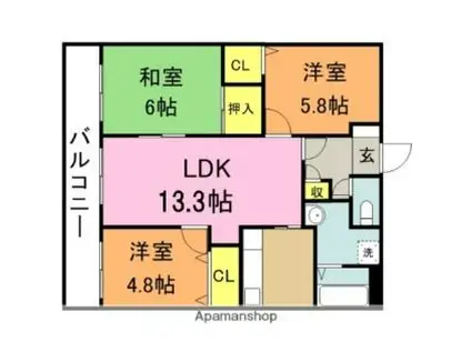 JR久大本線 筑後吉井駅 徒歩34分 8階建 築32年(3LDK/5階)の間取り写真