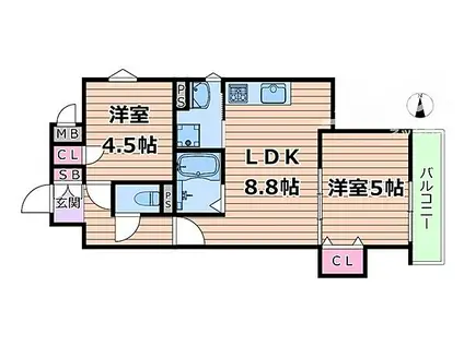 クリエオーレ一津屋I(2LDK/1階)の間取り写真