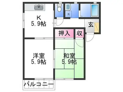 JR和歌山線 岩出駅 徒歩56分 2階建 築27年(2K/2階)の間取り写真