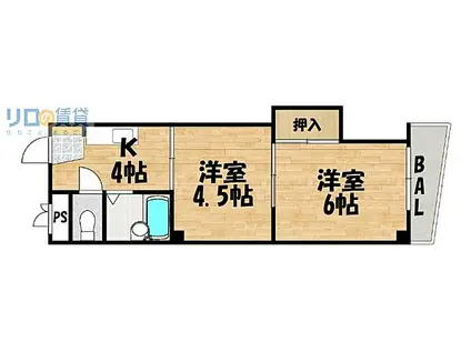 大阪メトロ今里筋線 瑞光四丁目駅 徒歩6分 5階建 築39年(2K/4階)の間取り写真