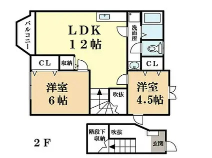 JR片町線(学研都市線) 祝園駅 徒歩5分 2階建 築22年(2DK/1階)の間取り写真
