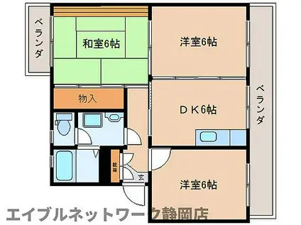 JR東海道本線 静岡駅 バス乗車時間：20分 御新田バス停で下車 徒歩4分 3階建 築27年(3DK/3階)の間取り写真