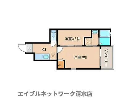静岡鉄道静岡清水線 狐ケ崎駅 徒歩27分 3階建 築14年(2K/1階)の間取り写真