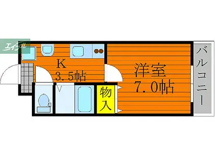 JR吉備線 備前三門駅 徒歩10分 3階建 築5年(1K/3階)の間取り写真