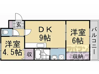 近鉄京都線 伏見駅(京都) 徒歩2分 3階建 築34年(2DK/2階)の間取り写真