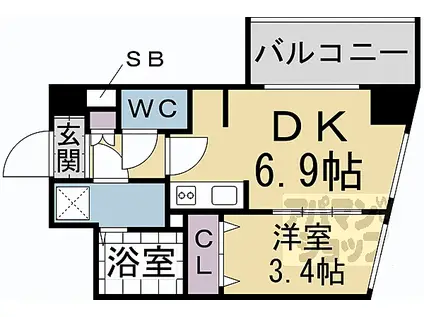 近鉄京都線 東寺駅 徒歩12分 8階建 新築(1DK/3階)の間取り写真