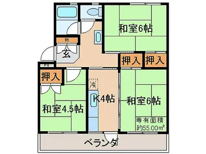 京阪宇治線 木幡駅(ＪＲ) 徒歩13分 5階建 築44年(3K/5階)の間取り写真