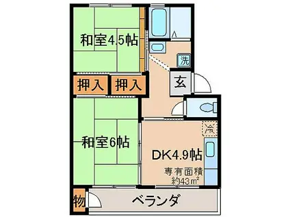 京都地下鉄東西線 石田駅(京都市営) 徒歩9分 5階建 築50年(2DK/4階)の間取り写真