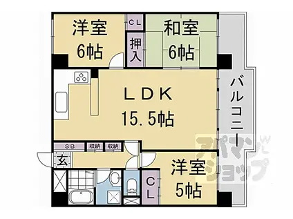 近鉄京都線 小倉駅(京都) 徒歩2分 5階建 築33年(3LDK/3階)の間取り写真