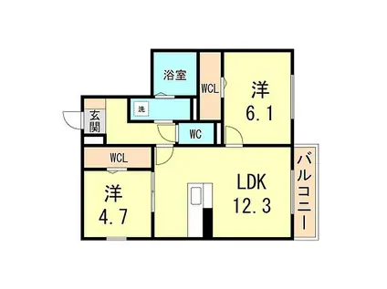 山陽電鉄本線 西新町駅 徒歩13分 3階建 築1年(2LDK/1階)の間取り写真