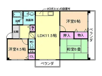 ヴィラ荘園口(3LDK/3階)の間取り写真