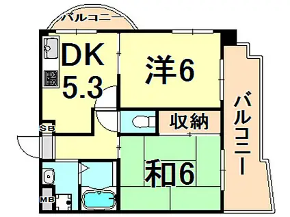 阪急神戸本線 園田駅 徒歩19分 5階建 築31年(2DK/3階)の間取り写真
