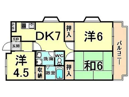阪神本線 武庫川駅 徒歩5分 4階建 築33年(3DK/4階)の間取り写真