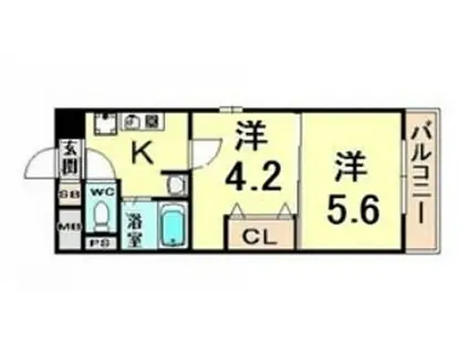 JR東海道・山陽本線 立花駅 徒歩7分 9階建 築24年(2K/4階)の間取り写真