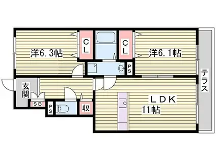 フランセーヌII番館(2LDK/1階)の間取り写真