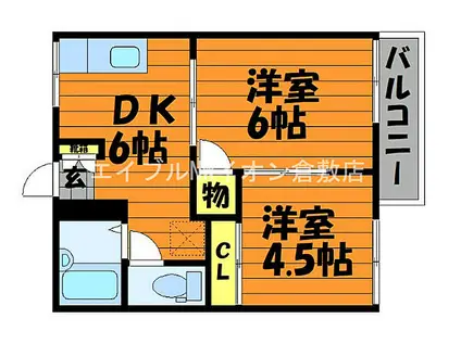 JR山陽本線 里庄駅 徒歩2分 2階建 築38年(2DK/2階)の間取り写真