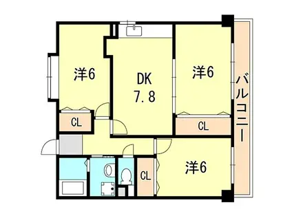 神戸市西神・山手線 湊川公園駅 徒歩10分 4階建 築26年(3DK/4階)の間取り写真