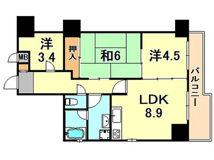 神戸市海岸線 駒ケ林駅 徒歩2分 11階建 築37年(3LDK/4階)の間取り写真