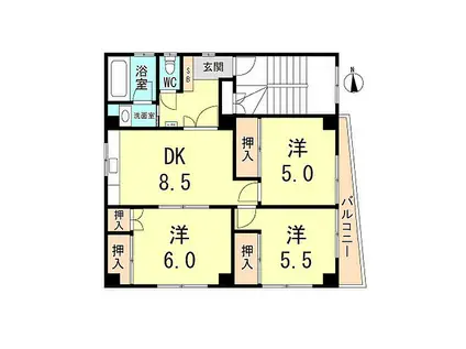 JR東海道・山陽本線 三ノ宮駅(ＪＲ) 徒歩8分 4階建 築40年(3DK/4階)の間取り写真