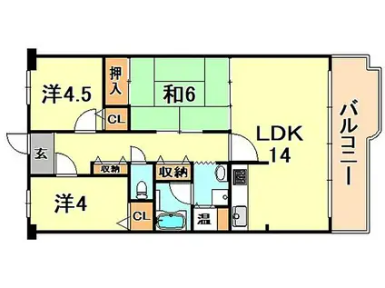 阪神本線 春日野道駅(阪急) 徒歩1分 11階建 築44年(3LDK/5階)の間取り写真