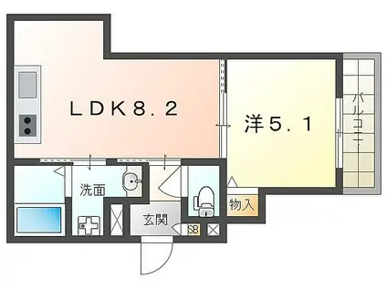 クリエオーレ岡山(1LDK/1階)の間取り写真