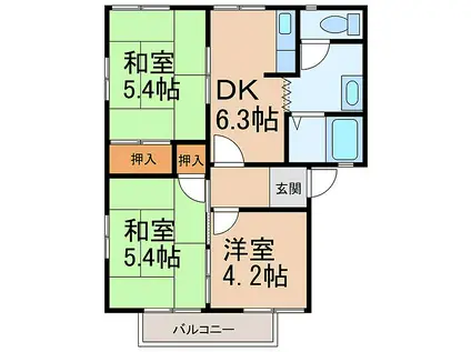 JR和歌山線 船戸駅 徒歩40分 2階建 築34年(3DK/2階)の間取り写真