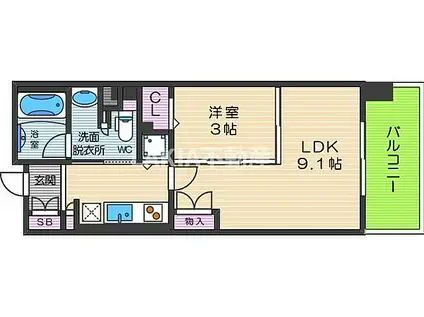 ロイヤルパークス桃坂(1LDK/9階)の間取り写真