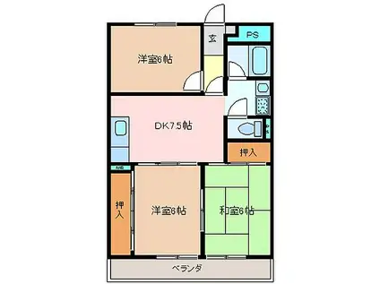 JR名松線 松阪駅 徒歩24分 3階建 築33年(3DK/3階)の間取り写真
