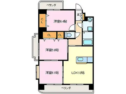 近鉄山田線 宮町駅 徒歩37分 6階建 築19年(3LDK/4階)の間取り写真