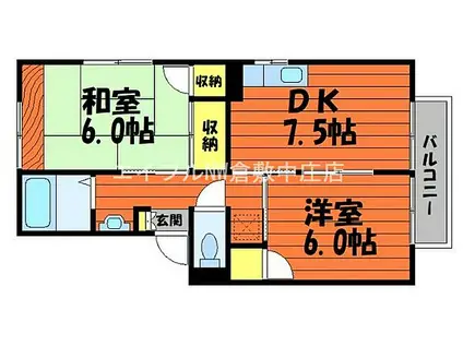 JR伯備線 庭瀬駅 徒歩43分 2階建 築34年(2DK/2階)の間取り写真