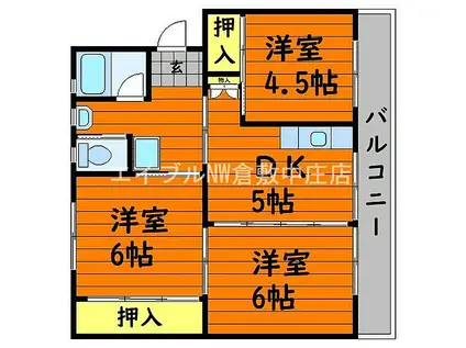 JR瀬戸大橋線 児島駅 徒歩42分 5階建 築46年(3DK/4階)の間取り写真