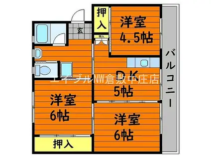 JR瀬戸大橋線 児島駅 徒歩57分 5階建 築46年(3DK/5階)の間取り写真