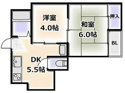 大阪メトロ堺筋線 恵美須町駅 徒歩5分 5階建 築46年(2DK/4階)の間取り写真